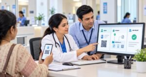 ABDM compliance for hospitals in 2026 showing ABHA health account card, health record sharing, and AB-PMJAY claims