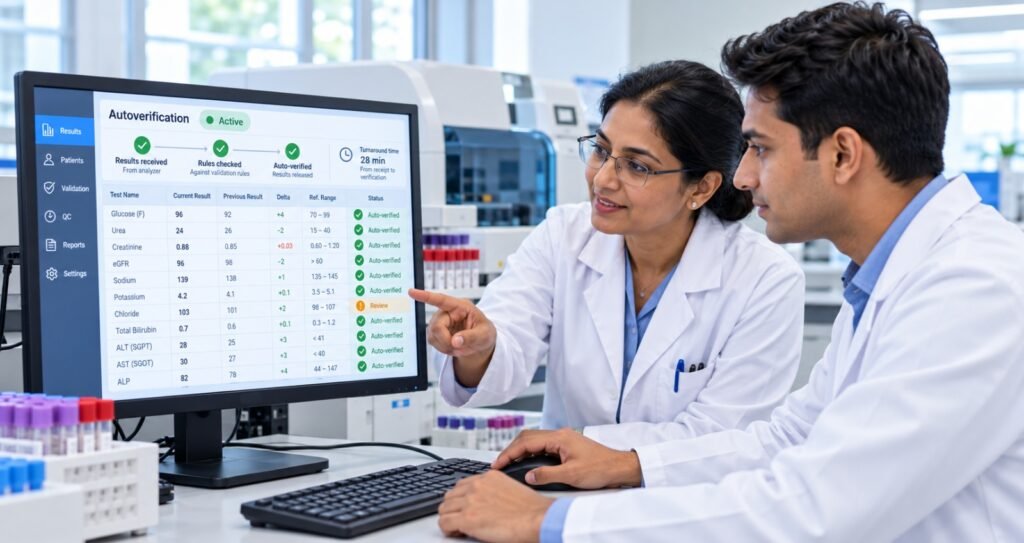 AI in laboratory reporting using autoverification and delta checks to improve diagnostic accuracy and turnaround time