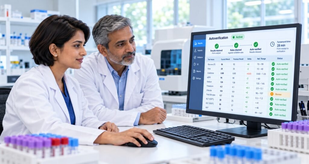 AI in laboratory reporting using autoverification and delta checks to improve diagnostic accuracy and turnaround time