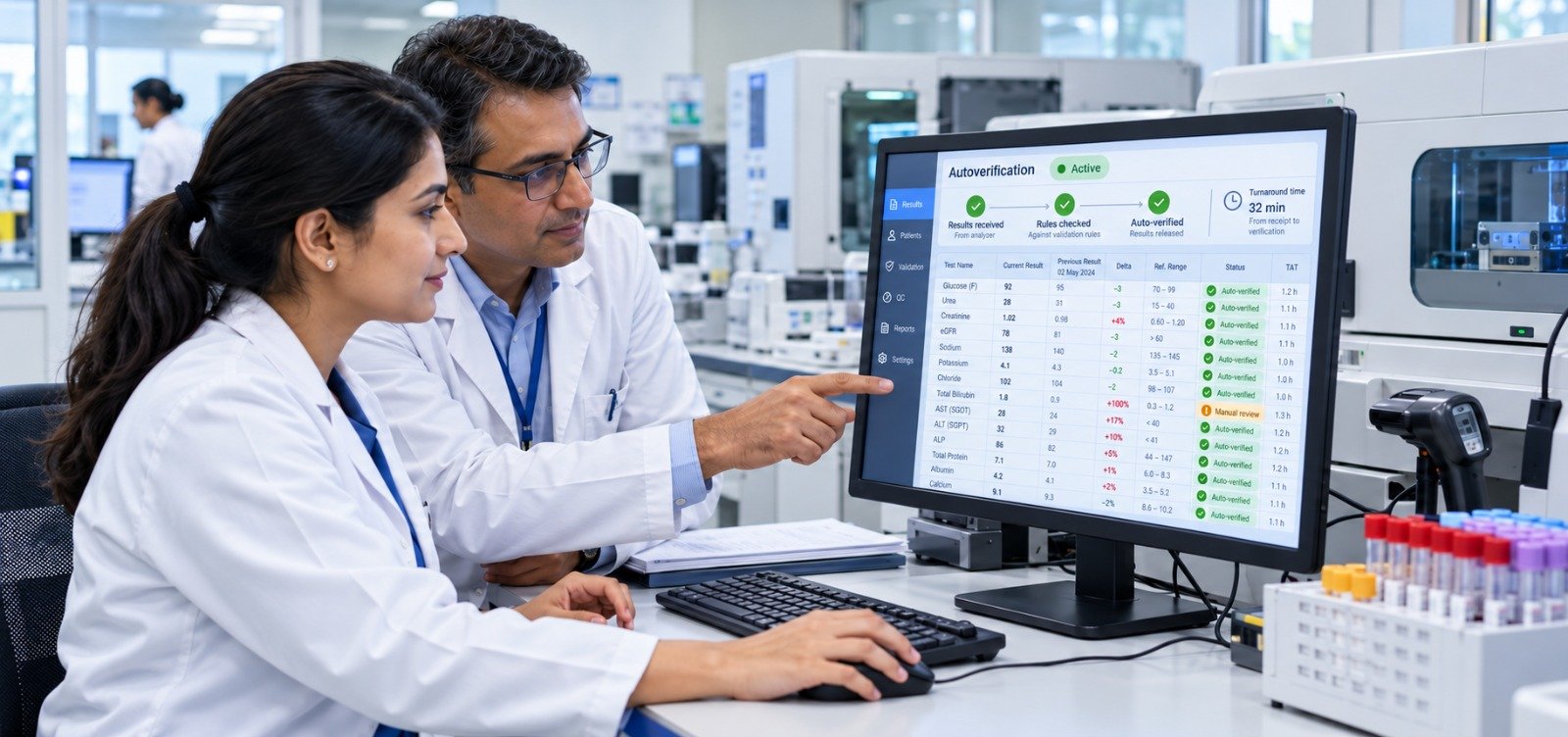 AI in laboratory reporting using autoverification and delta checks to improve diagnostic accuracy and turnaround time